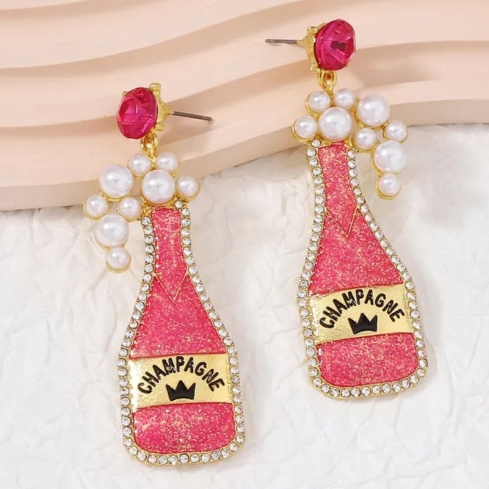 New PINK CHAMPAGNE pearl rhinestone coctail drink Earrings